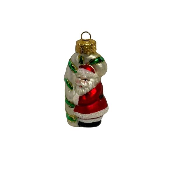 Vintage Christmas Miniature Classic Santa Holding A Candy Cane Glass Ornament - Picture 1 of 4